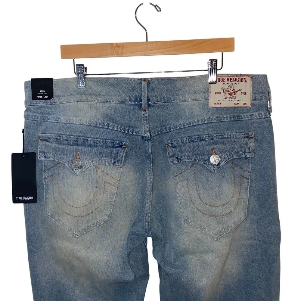 True Religion Geno Relaxed Slim Jeans Light Brisk 36x32 Horseshoe Flap Pocket